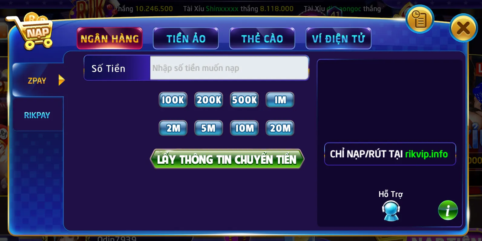 cac hinh thuc nap tien rikvip